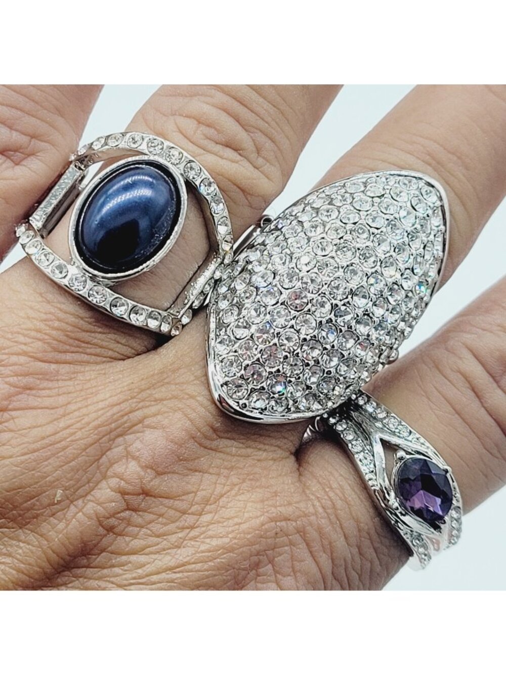 Lot Of 3 Silver Tone Stretch Rings Adjustable Rhinestones NWOT